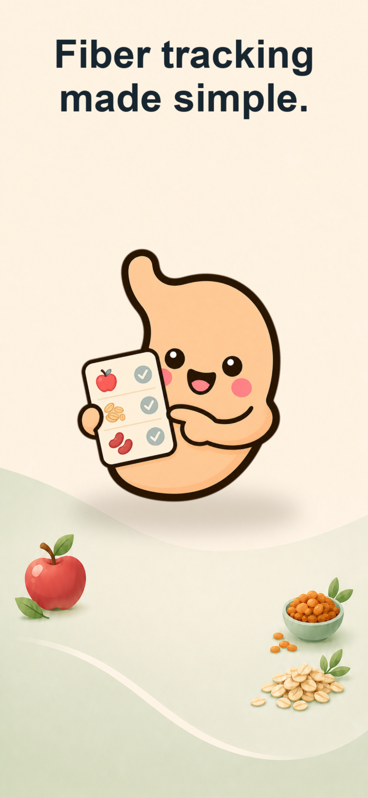 Fiberbelly introduction screen showing the playful mascot