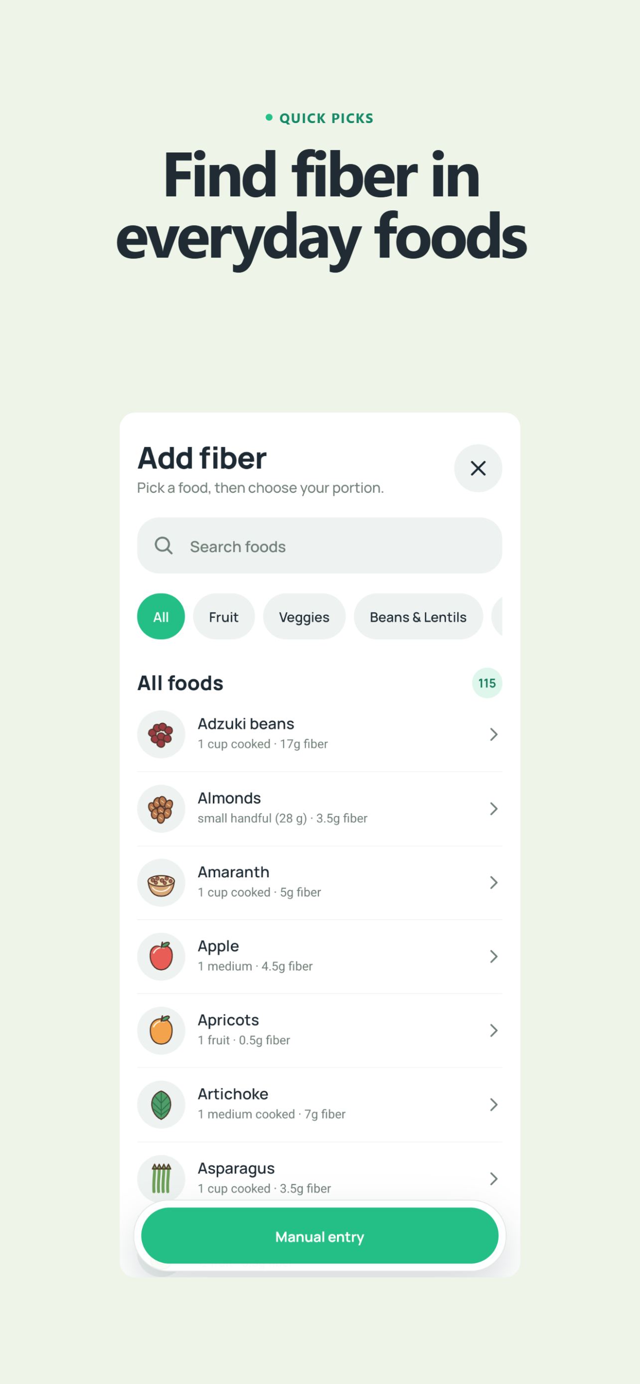Fiberbelly food browser with fiber-rich everyday foods