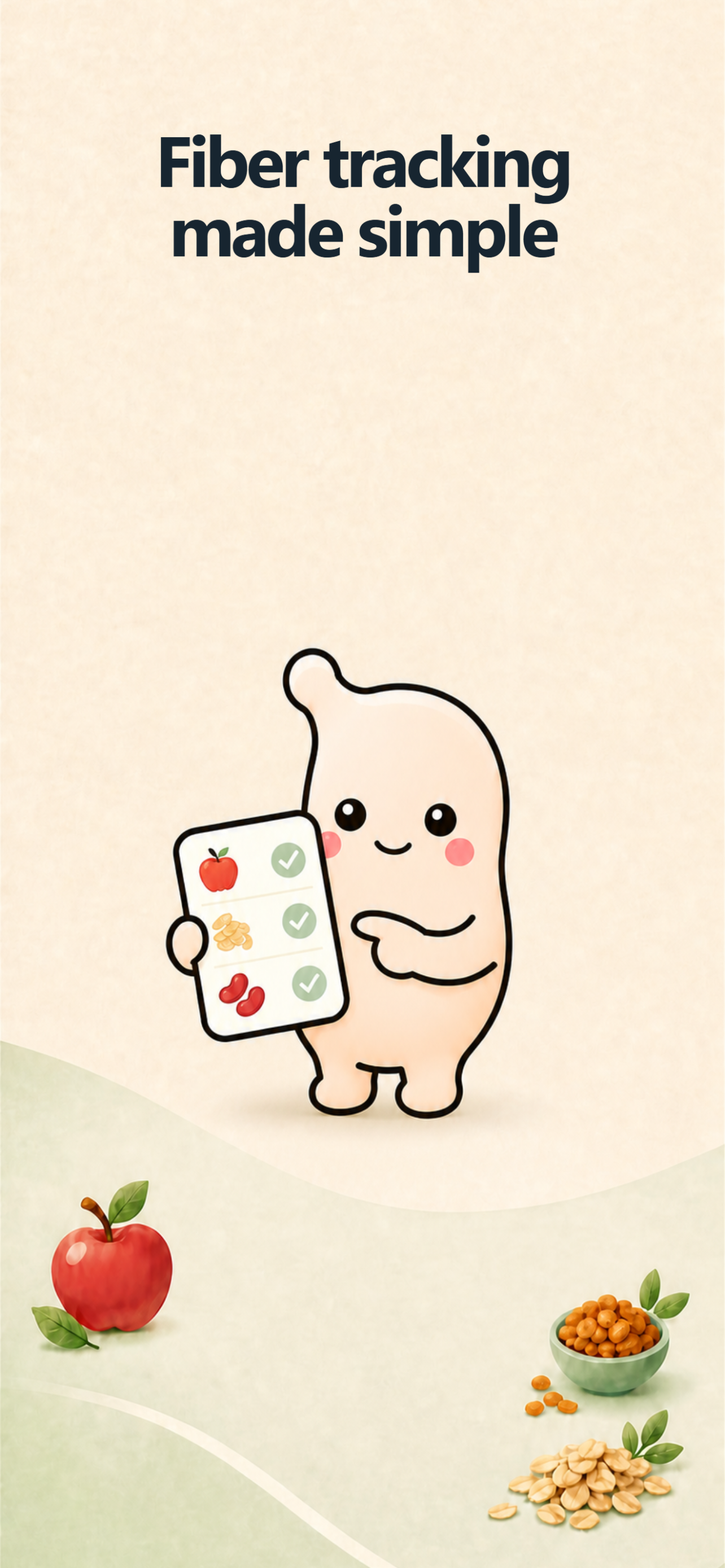 Fiberbelly introduction screen showing the playful mascot