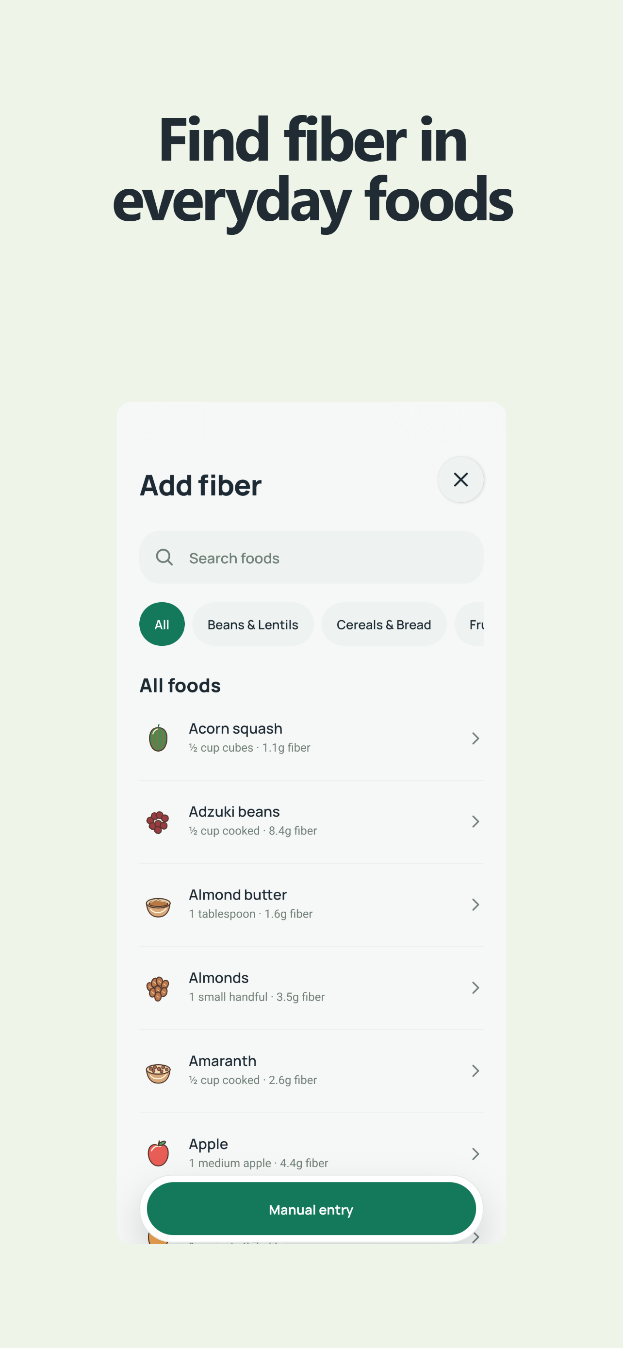 Fiberbelly food browser with fiber-rich everyday foods