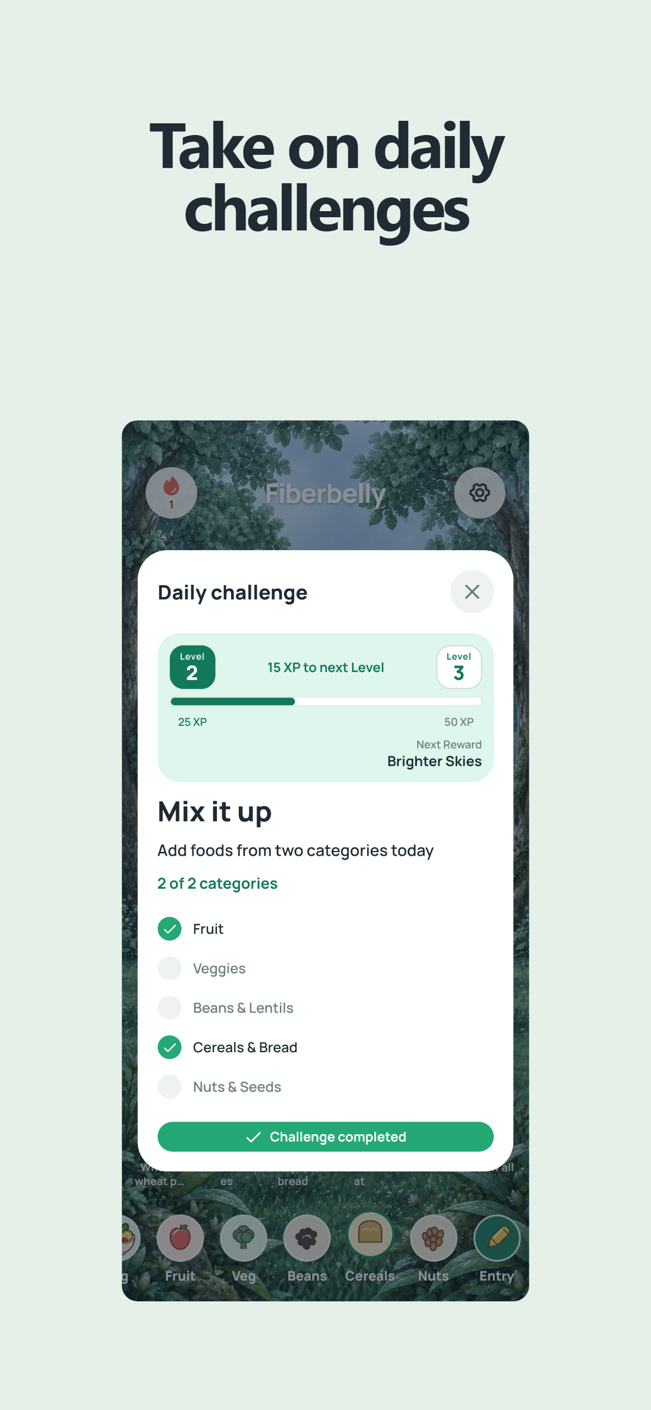 Fiberbelly daily challenge with progress toward the next level