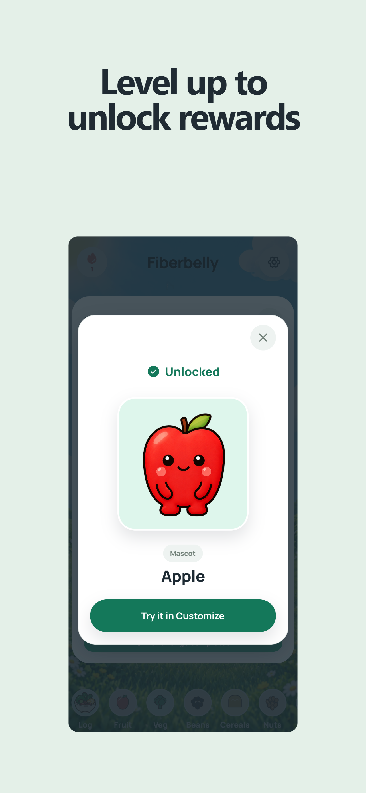 Fiberbelly level-up reward unlocking an apple mascot