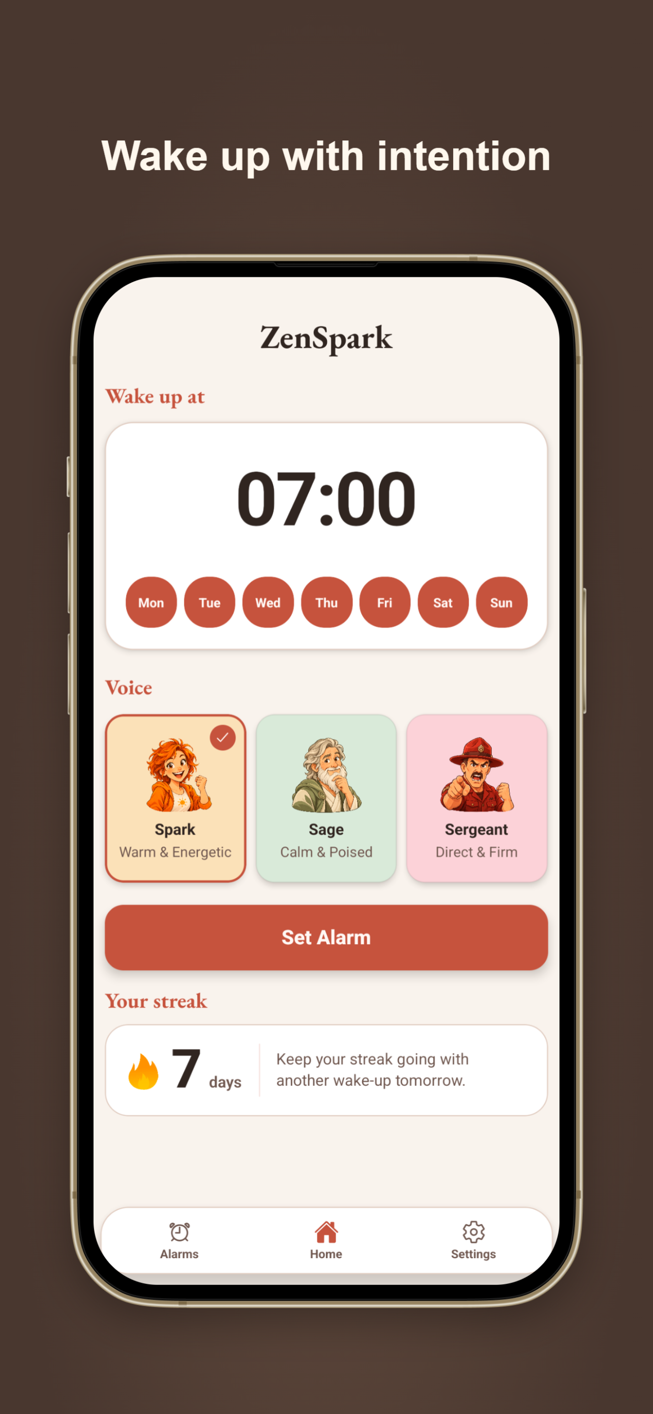 ZenSpark alarm setup with character voice personas