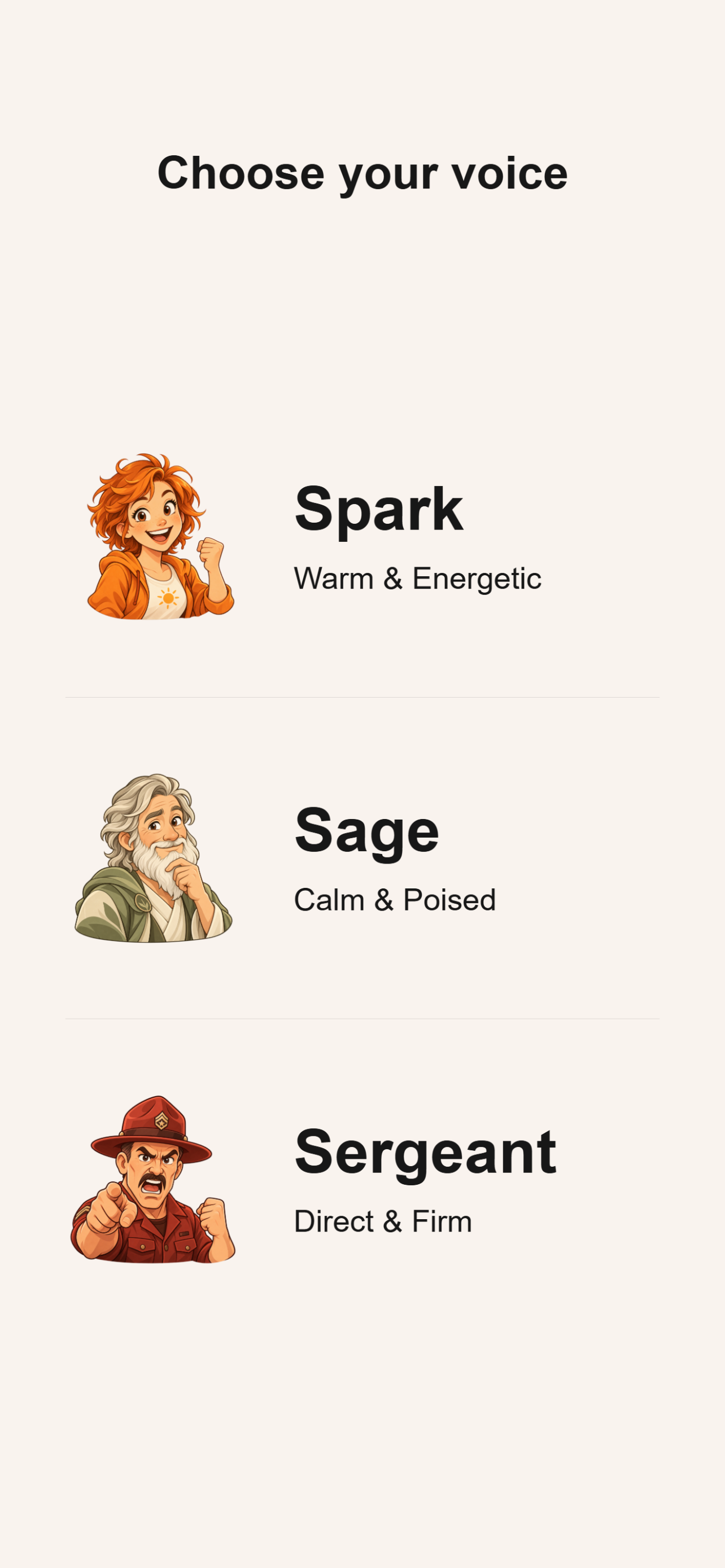ZenSpark Spark, Sage, and Sergeant voice personas
